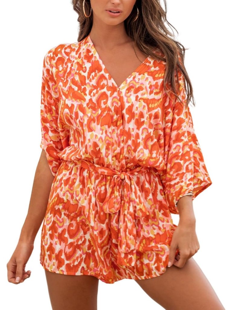 Women's Orange Summer Lace Up Printed Half Sleeve Casual Wide Leg Romper